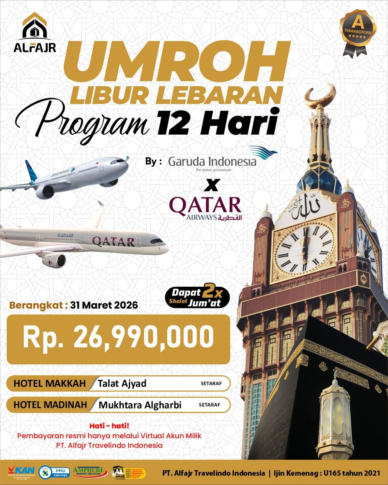 31 Maret 2026 Garuda Qatar 12 hari Alfajr Travel Biro Umroh Purworejo solo Kebumen Magelang Wonosobo Haji Khusus