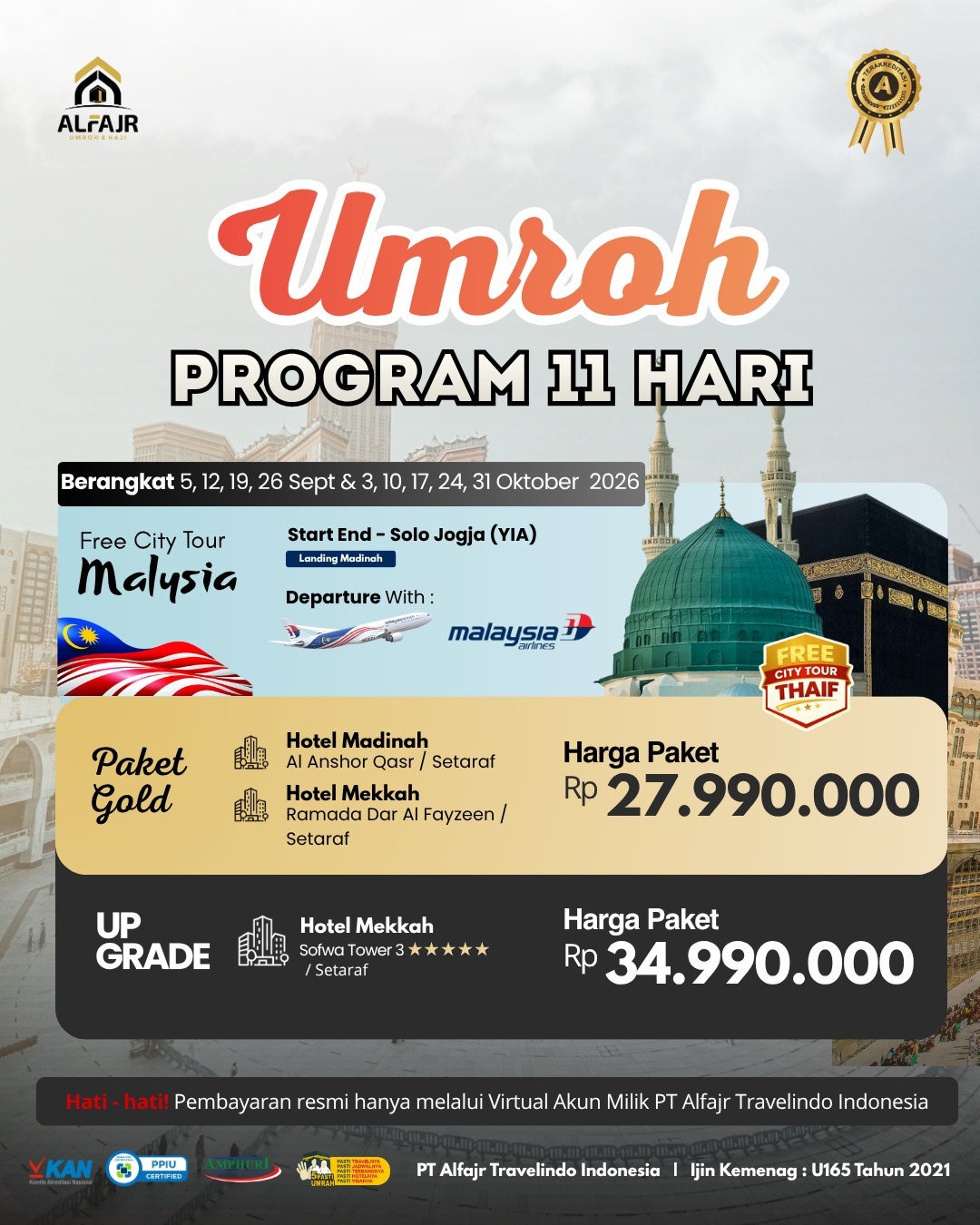 Umroh 11 H September Oktober 2026 Malaysia Airlines Start YIA Official Pusat Solo Alfajr Umroh Purworejo Haji Khusus Kebumen Magelang Wonosobo Temanggung