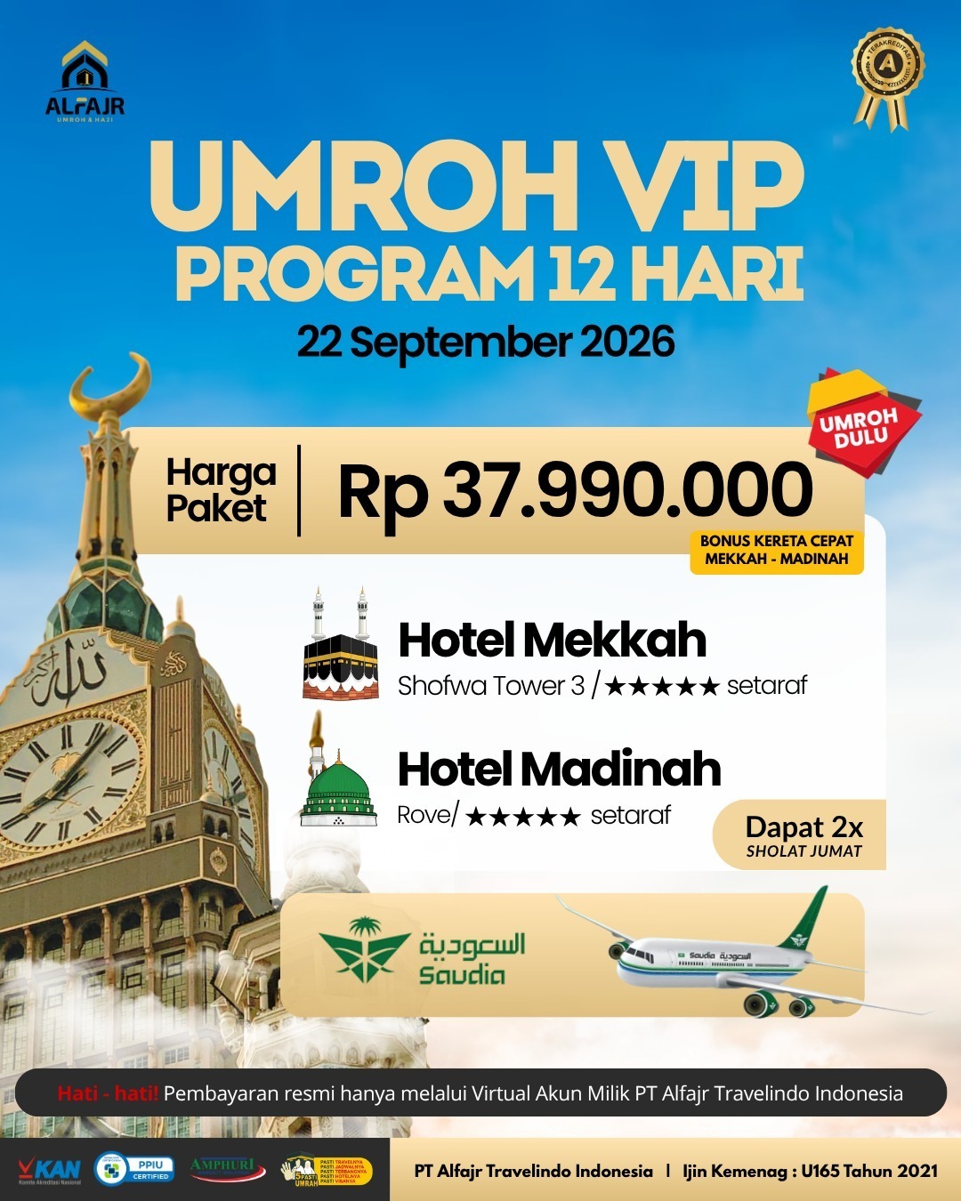 Umroh VIP 12 H Saudia Official Pusat Solo Alfajr Umroh Purworejo Haji Khusus Kebumen Magelang Wonosobo Temanggung Yogya Kulonprogo September 2026